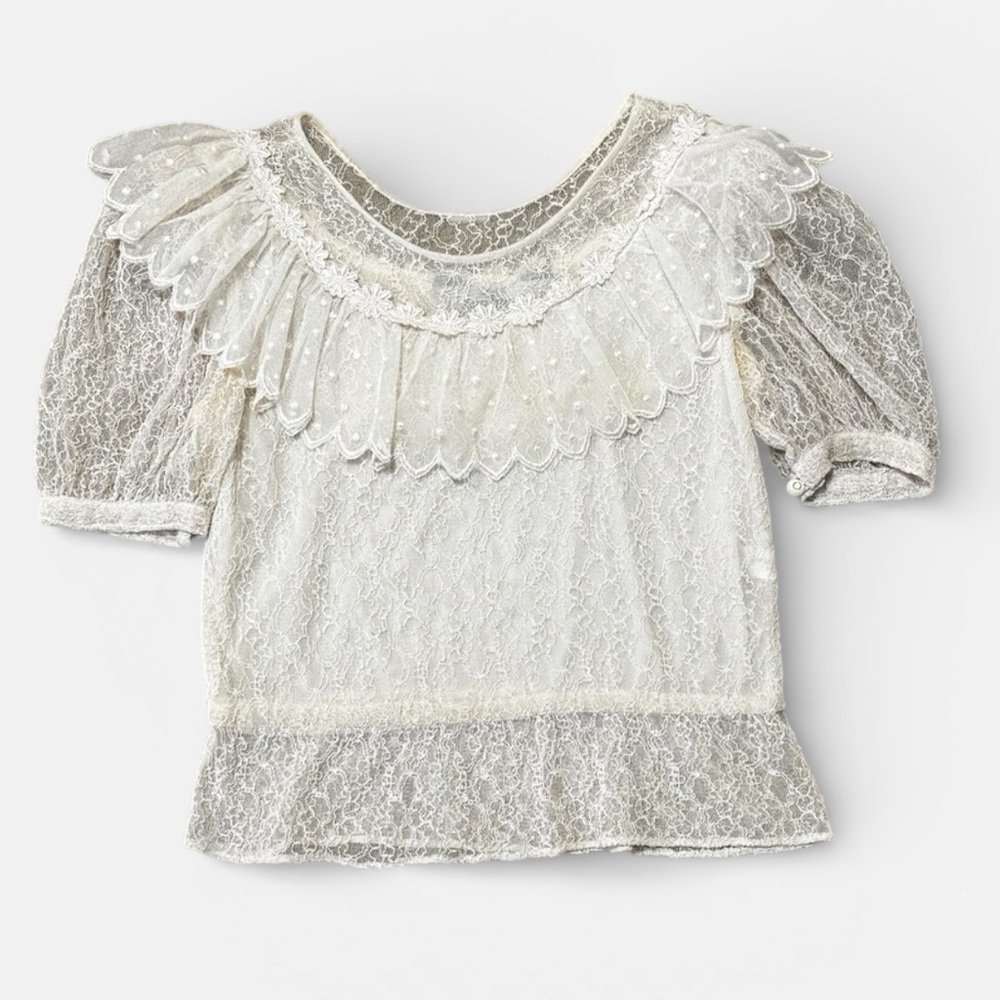 Boho Cream Lace Women's Top Festival Concert S Short Sleeve Shirt Flowy Feminine